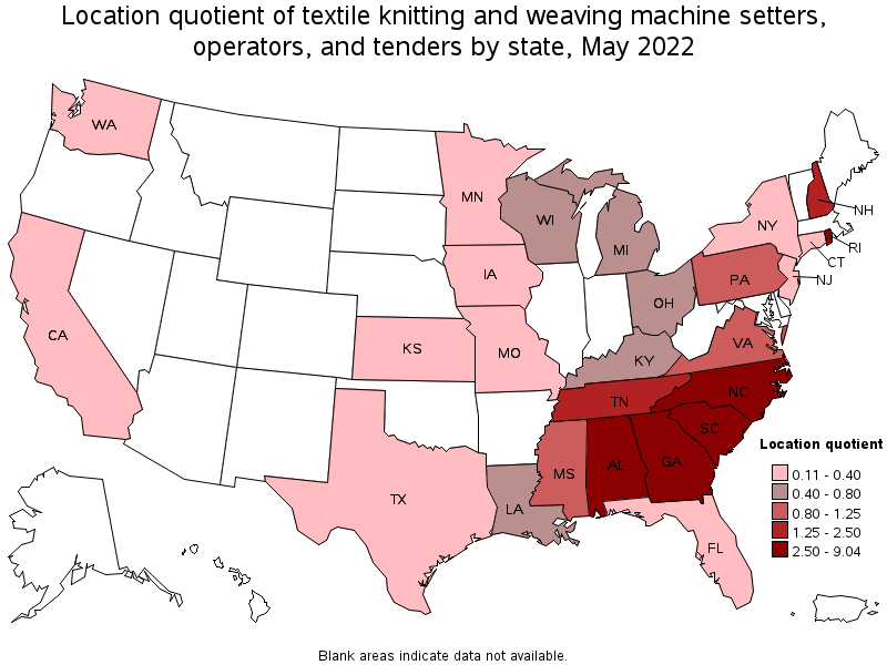 Map of location quotient of textile knitting and weaving machine setters, operators, and tenders by state, May 2022