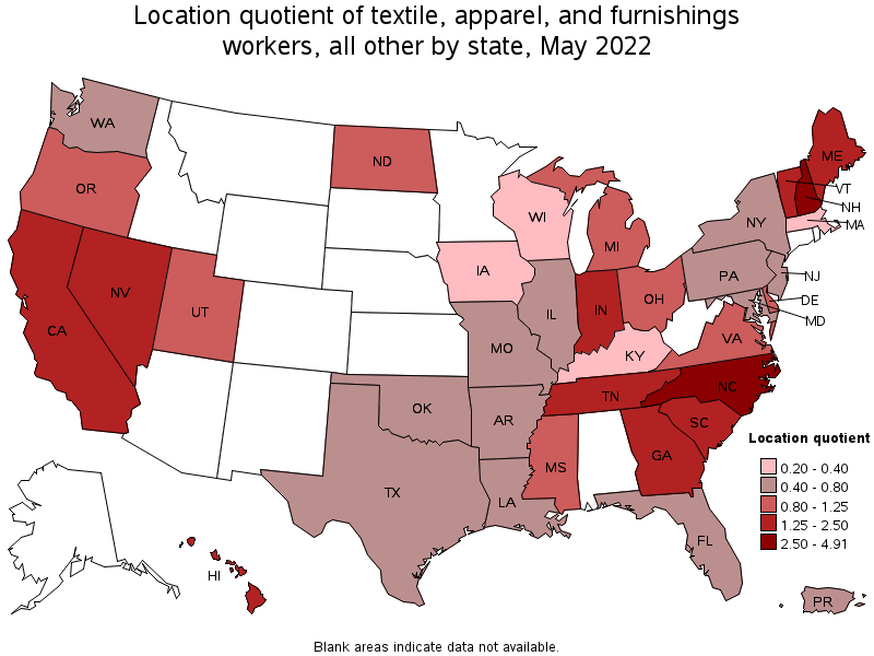 Map of location quotient of textile, apparel, and furnishings workers, all other by state, May 2022