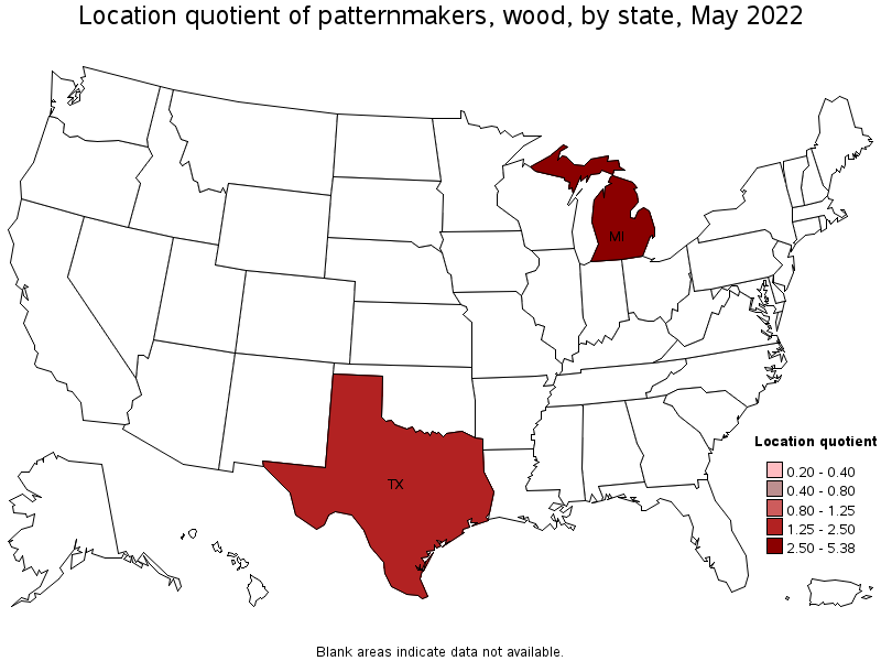 Map of location quotient of patternmakers, wood by state, May 2022