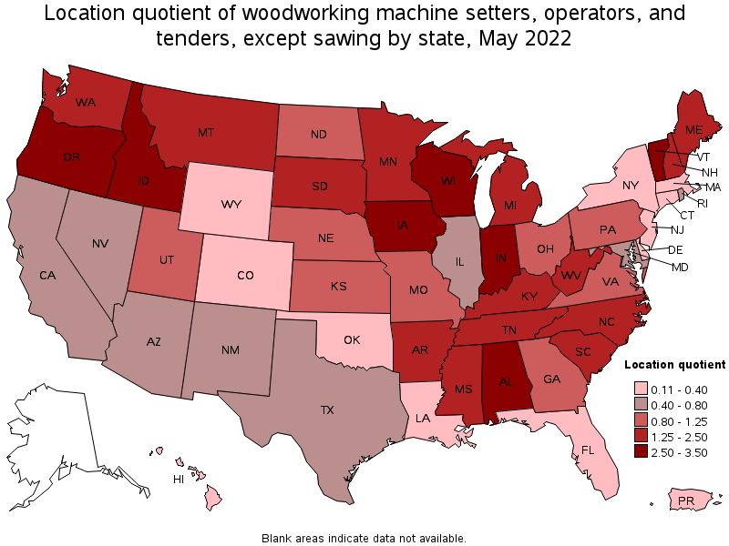 Map of location quotient of woodworking machine setters, operators, and tenders, except sawing by state, May 2022