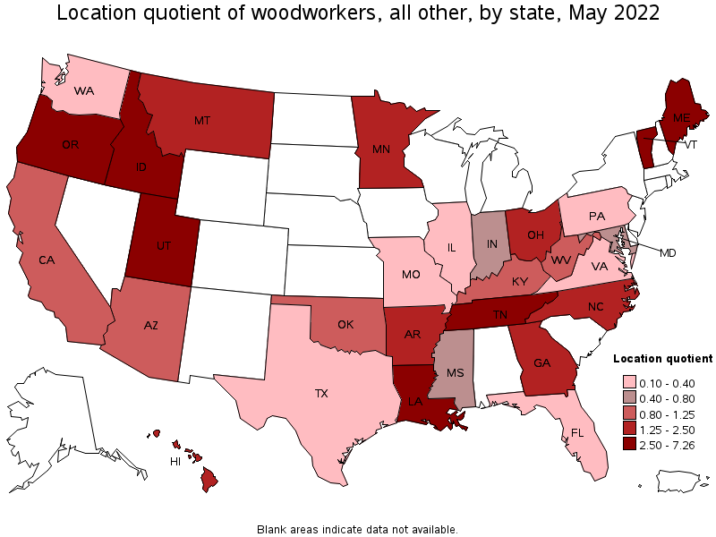 Map of location quotient of woodworkers, all other by state, May 2022