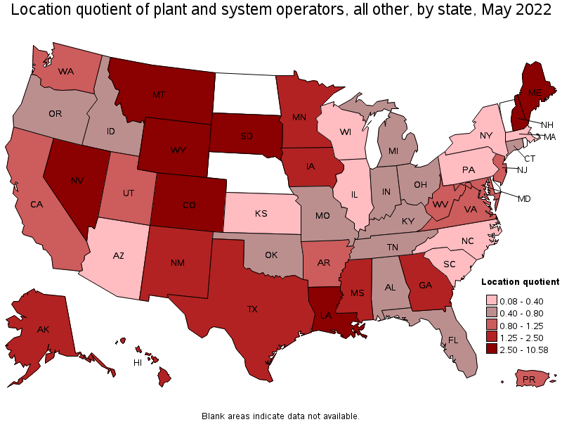 Map of location quotient of plant and system operators, all other by state, May 2022