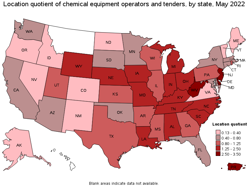 Map of location quotient of chemical equipment operators and tenders by state, May 2022