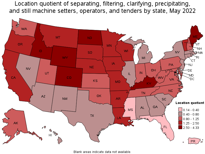 Map of location quotient of separating, filtering, clarifying, precipitating, and still machine setters, operators, and tenders by state, May 2022