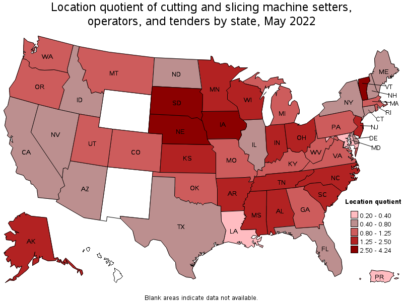 Map of location quotient of cutting and slicing machine setters, operators, and tenders by state, May 2022