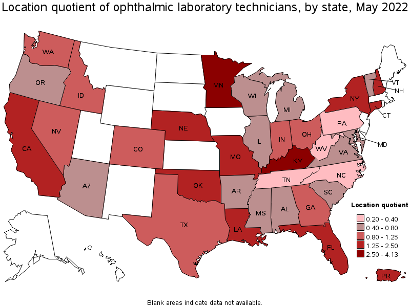 Map of location quotient of ophthalmic laboratory technicians by state, May 2022