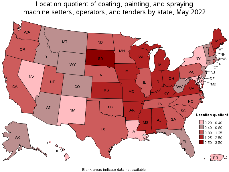 Map of location quotient of coating, painting, and spraying machine setters, operators, and tenders by state, May 2022