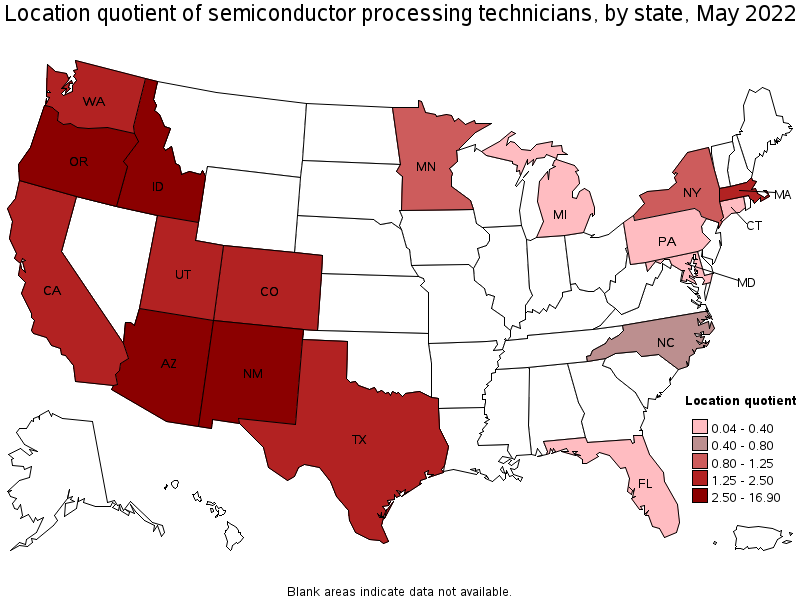 Map of location quotient of semiconductor processing technicians by state, May 2022