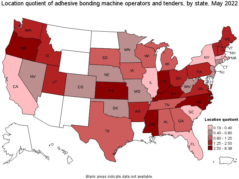 Map of location quotient of adhesive bonding machine operators and tenders by state, May 2022