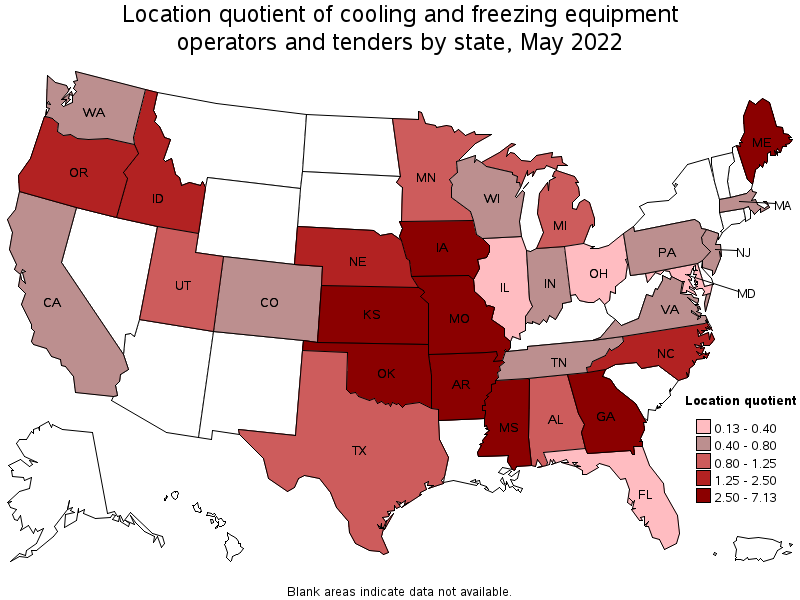 Map of location quotient of cooling and freezing equipment operators and tenders by state, May 2022