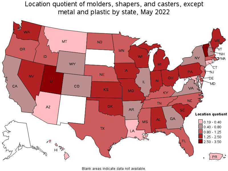 Map of location quotient of molders, shapers, and casters, except metal and plastic by state, May 2022