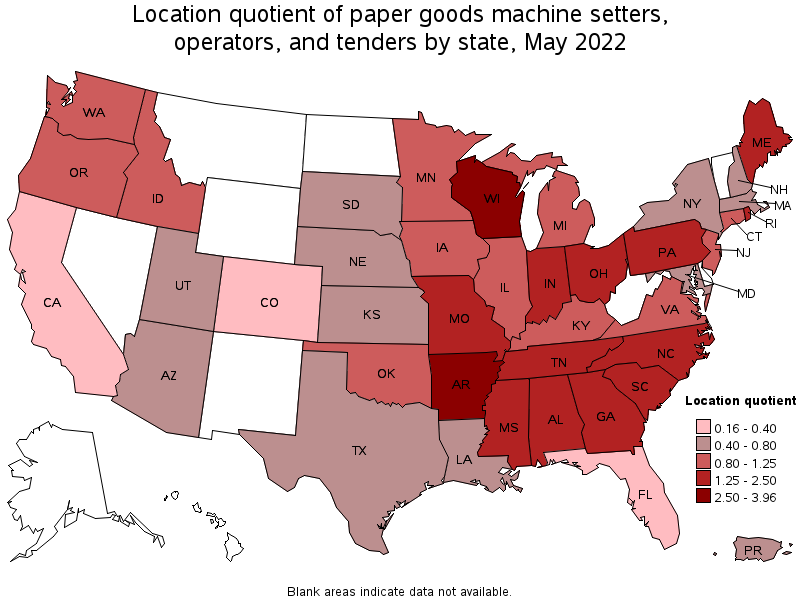 Map of location quotient of paper goods machine setters, operators, and tenders by state, May 2022