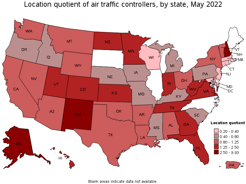 Map of location quotient of air traffic controllers by state, May 2022