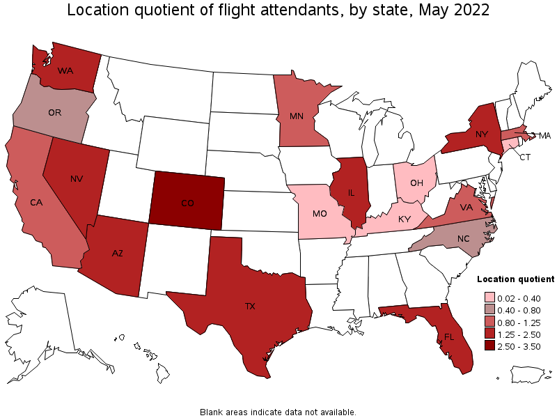 Map of location quotient of flight attendants by state, May 2022