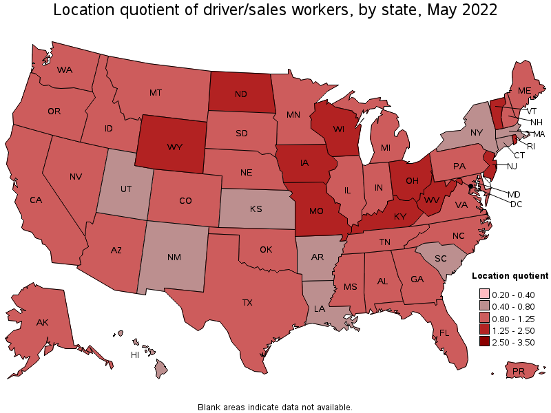 Map of location quotient of driver/sales workers by state, May 2022