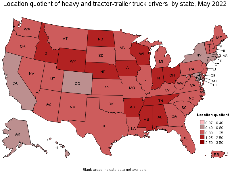 Map of location quotient of heavy and tractor-trailer truck drivers by state, May 2022