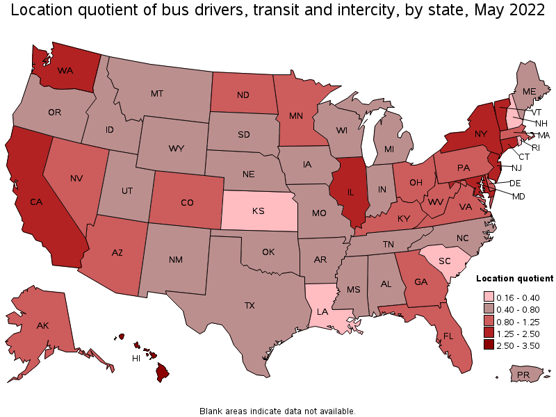 Map of location quotient of bus drivers, transit and intercity by state, May 2022