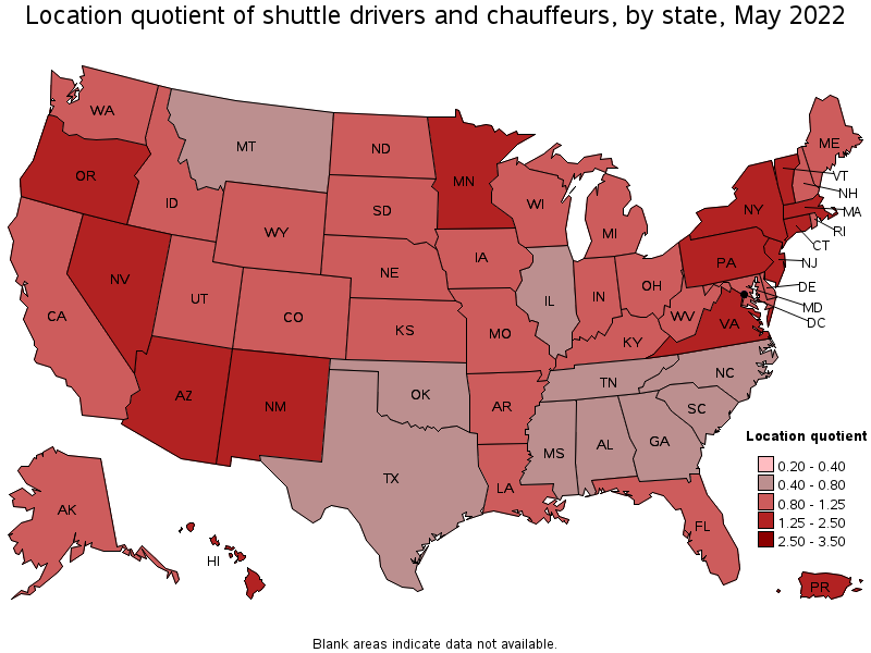 Map of location quotient of shuttle drivers and chauffeurs by state, May 2022