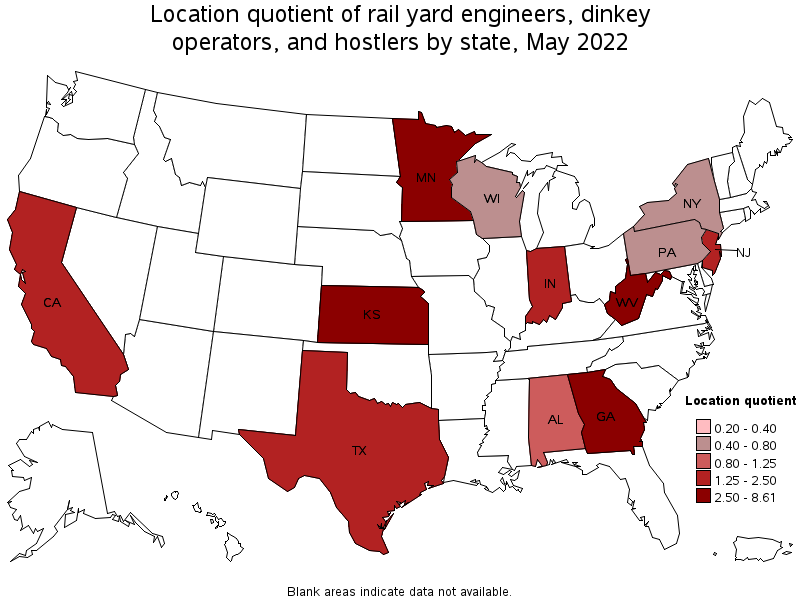 Map of location quotient of rail yard engineers, dinkey operators, and hostlers by state, May 2022