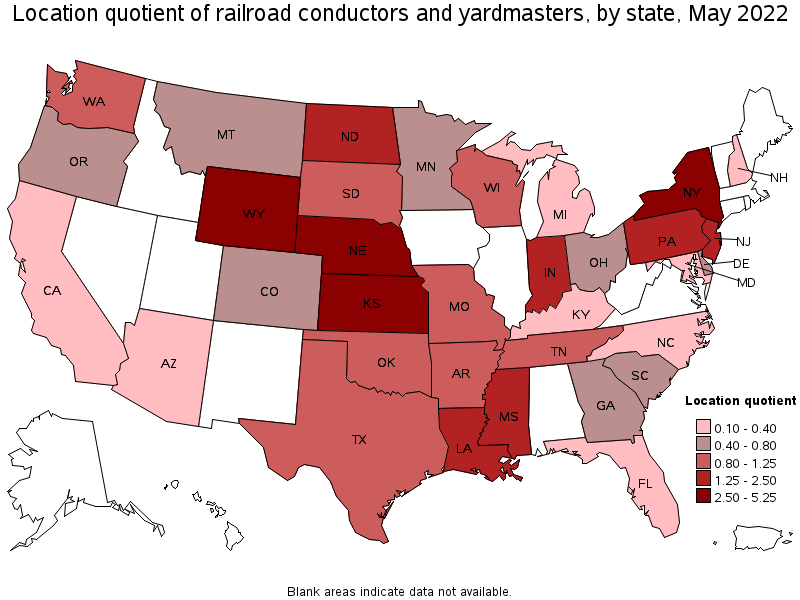 Map of location quotient of railroad conductors and yardmasters by state, May 2022