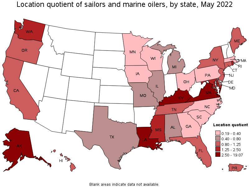 Map of location quotient of sailors and marine oilers by state, May 2022