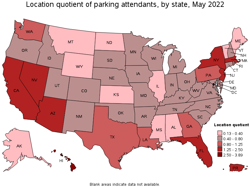 Map of location quotient of parking attendants by state, May 2022