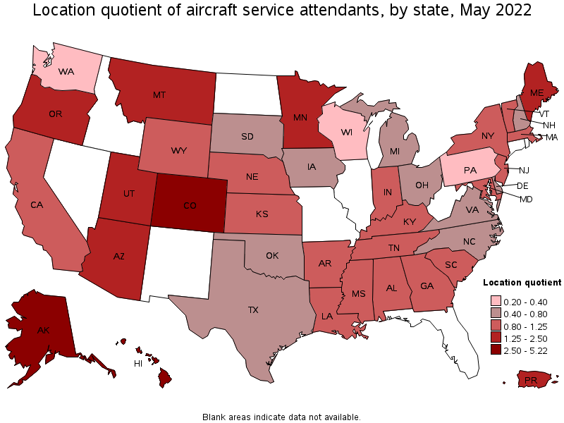 Map of location quotient of aircraft service attendants by state, May 2022