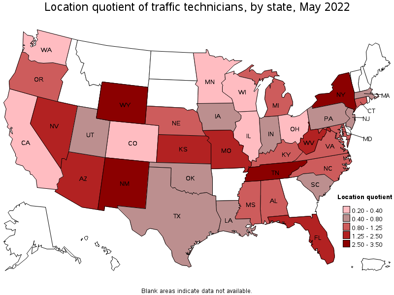 Map of location quotient of traffic technicians by state, May 2022