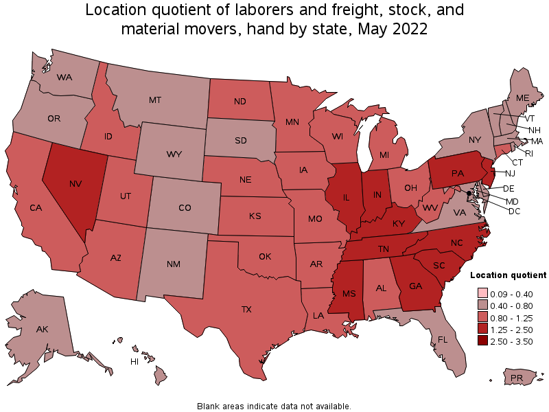 Map of location quotient of laborers and freight, stock, and material movers, hand by state, May 2022