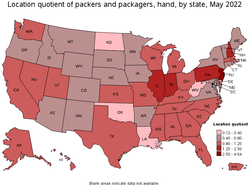 Map of location quotient of packers and packagers, hand by state, May 2022