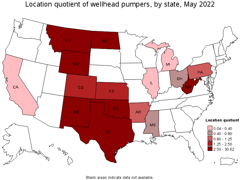 Map of location quotient of wellhead pumpers by state, May 2022
