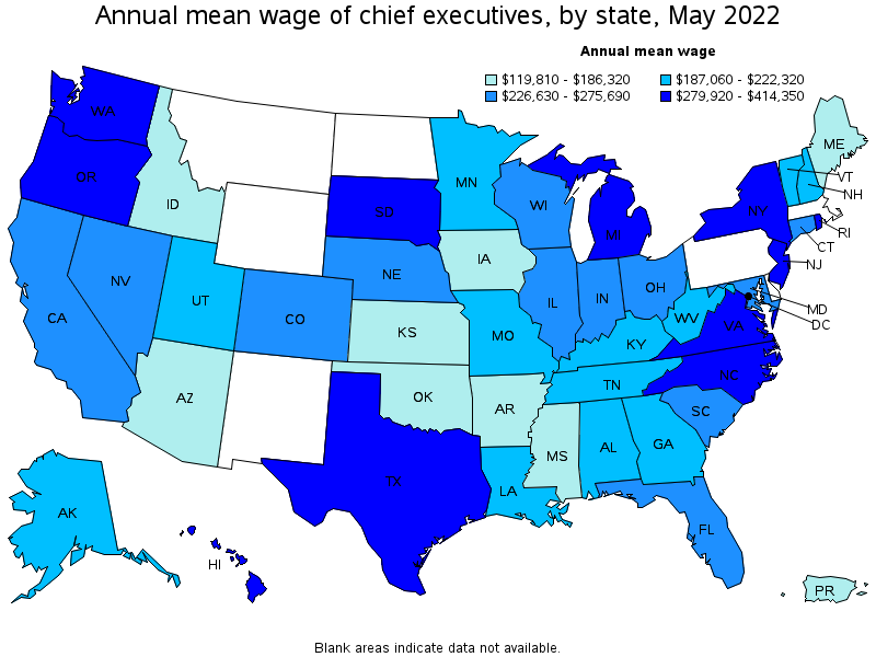 Map of annual mean wages of chief executives by state, May 2022