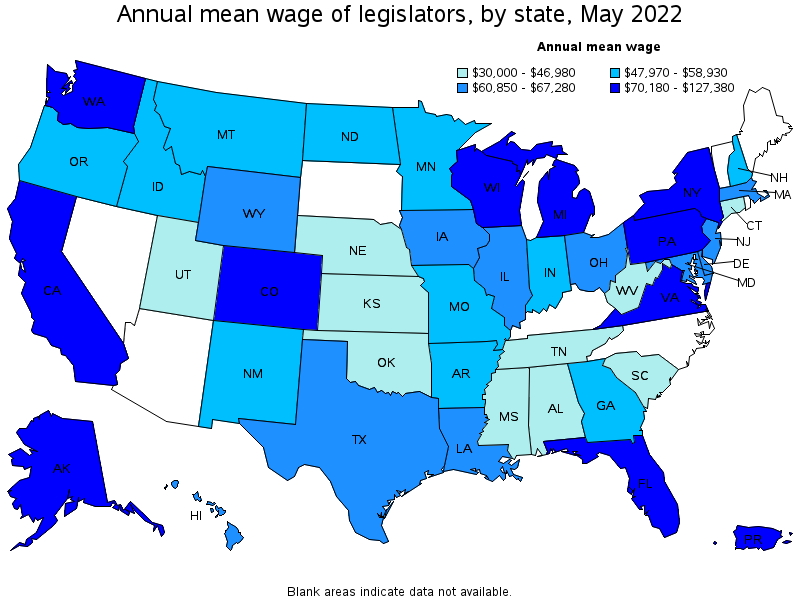 Map of annual mean wages of legislators by state, May 2022