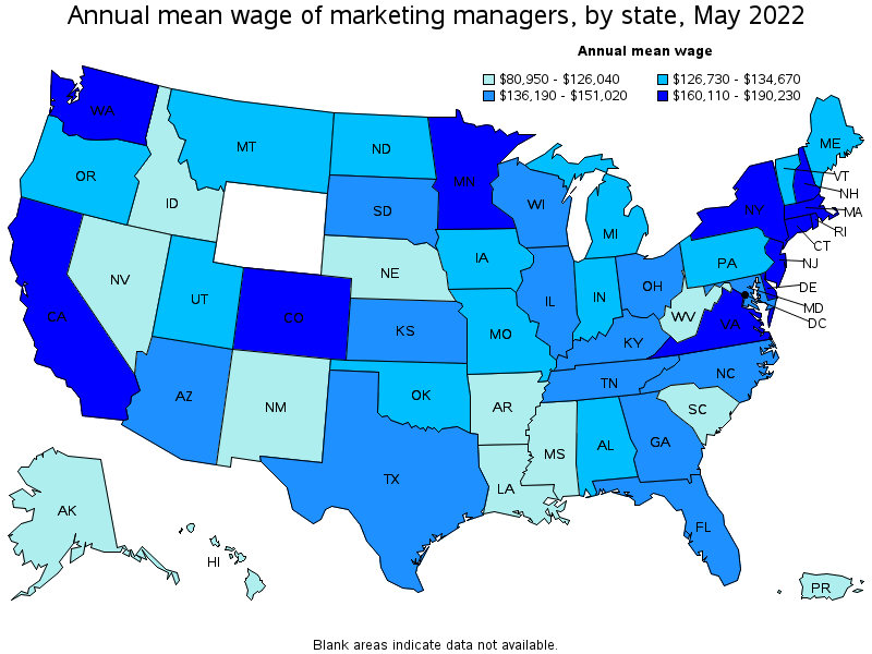 Map of annual mean wages of marketing managers by state, May 2022