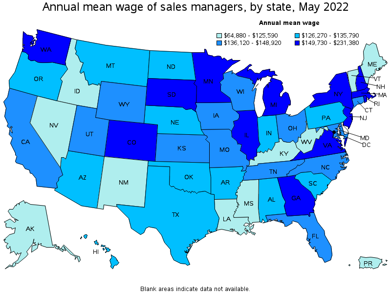 Map of annual mean wages of sales managers by state, May 2022