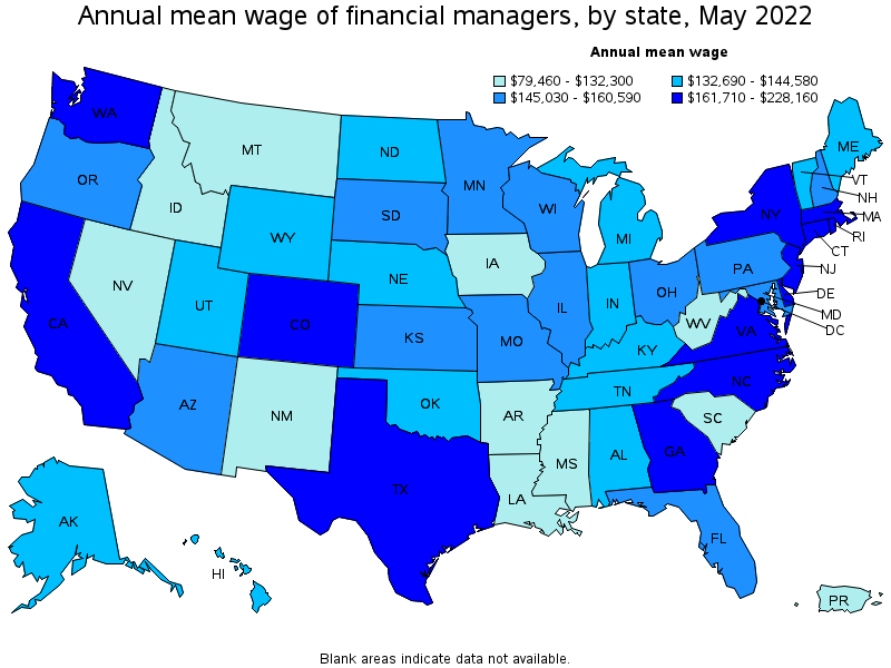 Map of annual mean wages of financial managers by state, May 2022