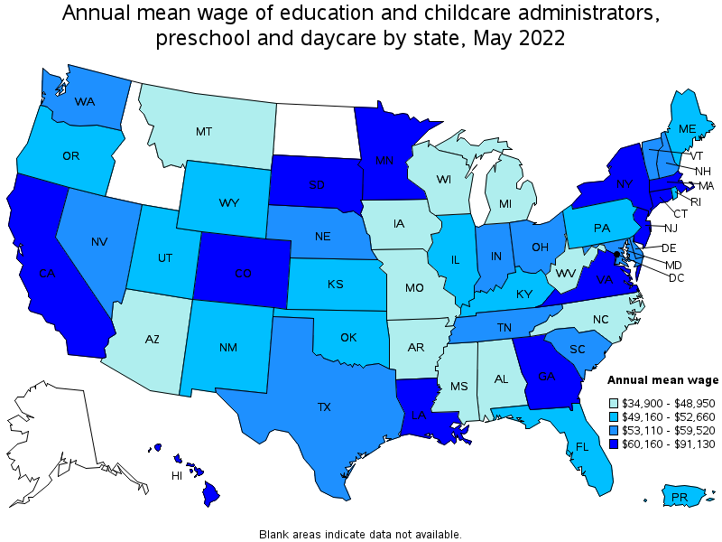 Map of annual mean wages of education and childcare administrators, preschool and daycare by state, May 2022