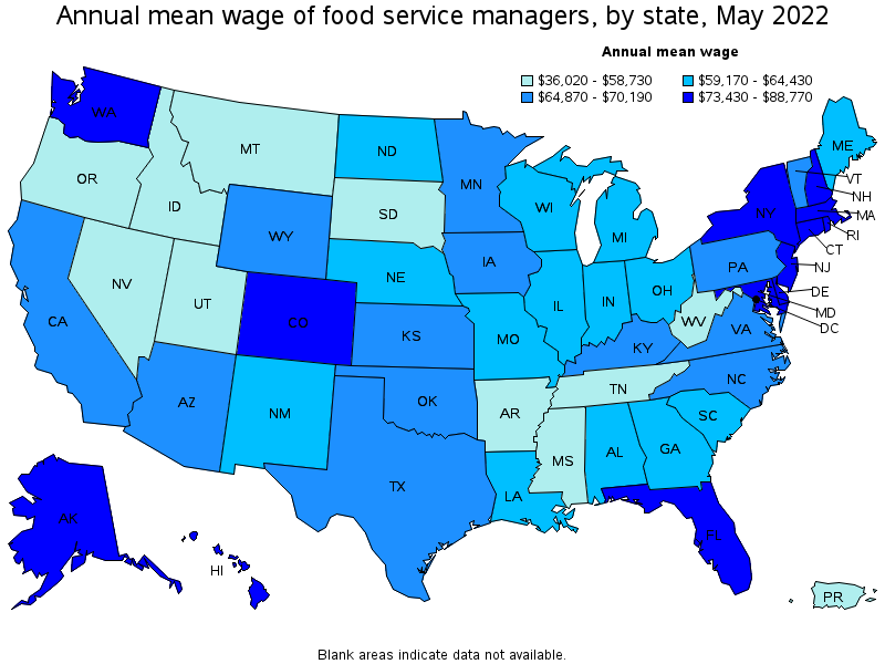 Map of annual mean wages of food service managers by state, May 2022