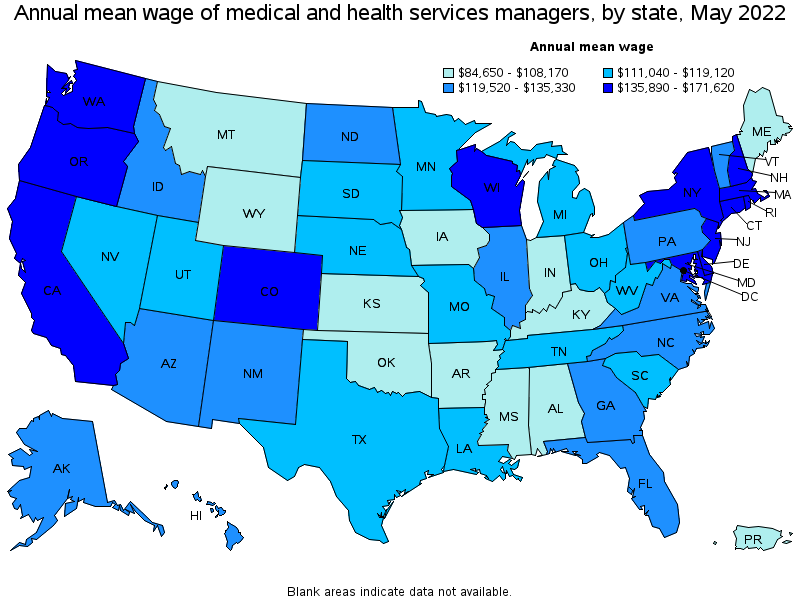 Map of annual mean wages of medical and health services managers by state, May 2022