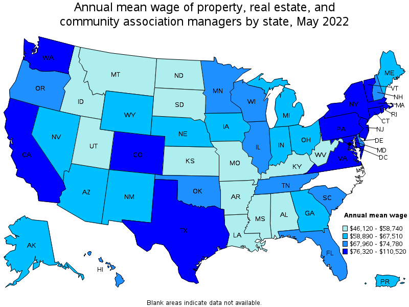 Map of annual mean wages of property, real estate, and community association managers by state, May 2022