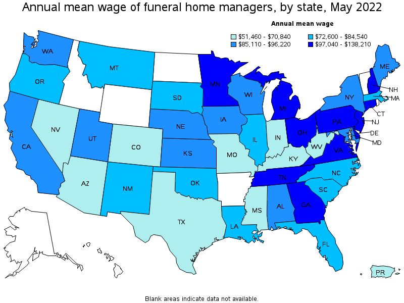 Map of annual mean wages of funeral home managers by state, May 2022