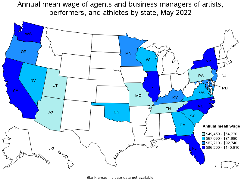 Map of annual mean wages of agents and business managers of artists, performers, and athletes by state, May 2022