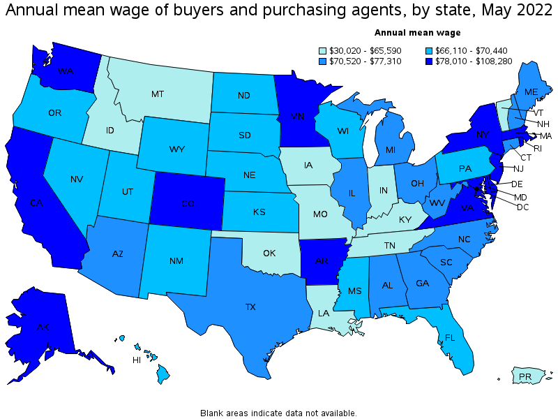 Map of annual mean wages of buyers and purchasing agents by state, May 2022