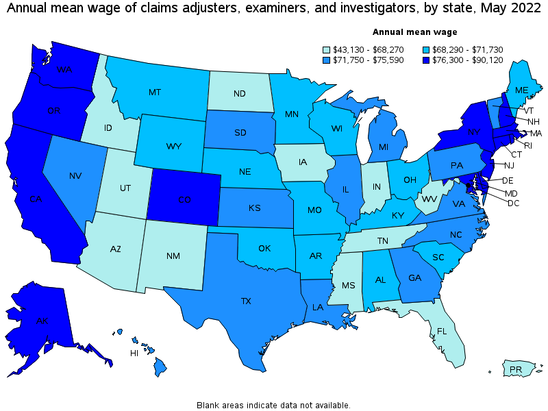Map of annual mean wages of claims adjusters, examiners, and investigators by state, May 2022