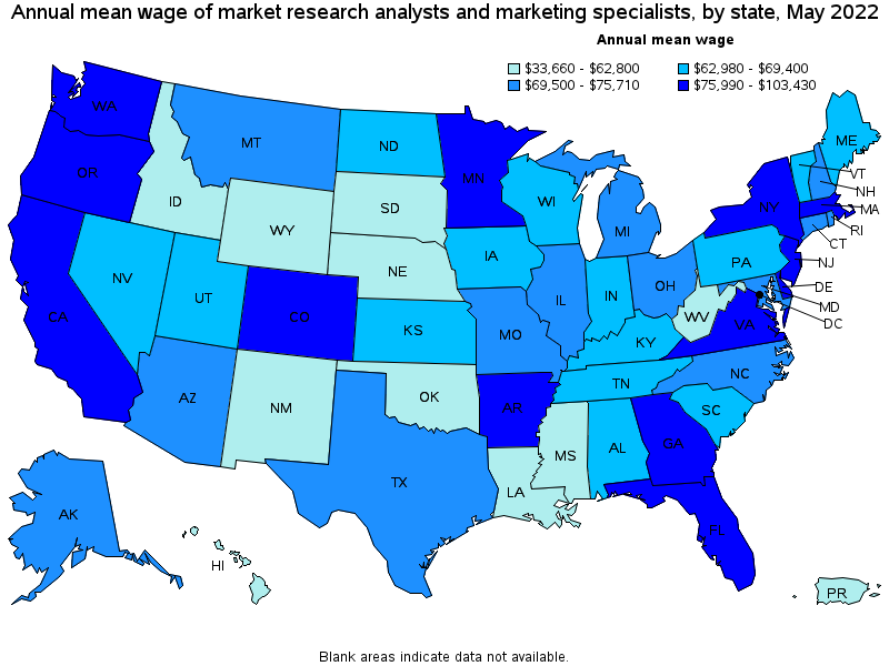 Map of annual mean wages of market research analysts and marketing specialists by state, May 2022