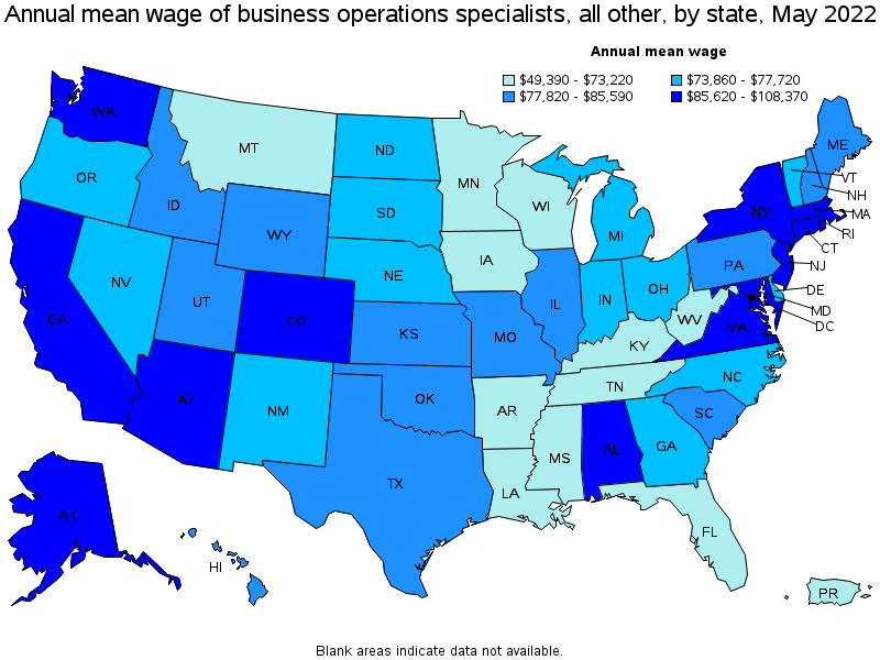 Map of annual mean wages of business operations specialists, all other by state, May 2022