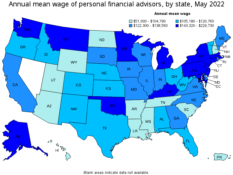 Map of annual mean wages of personal financial advisors by state, May 2022