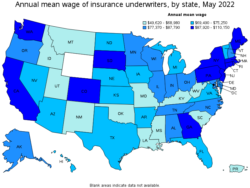 Map of annual mean wages of insurance underwriters by state, May 2022