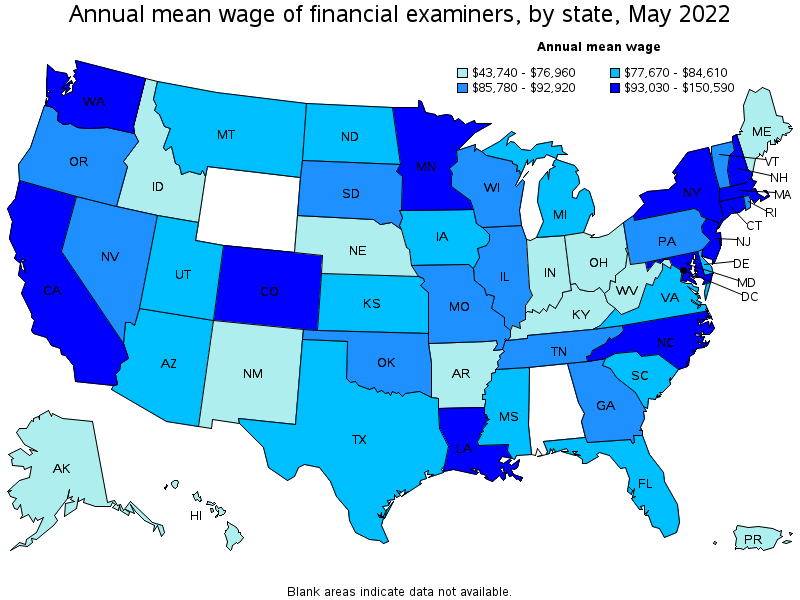 Map of annual mean wages of financial examiners by state, May 2022