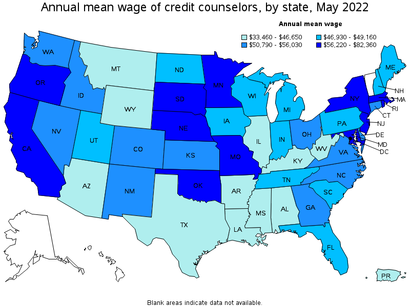 Map of annual mean wages of credit counselors by state, May 2022